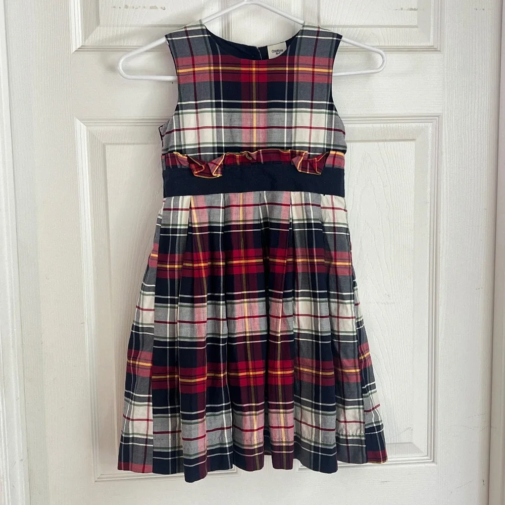 OshKosh B'gosh Plaid Dress Girls‎ 7 Sleeveless Ruffle Waist Red Tartan